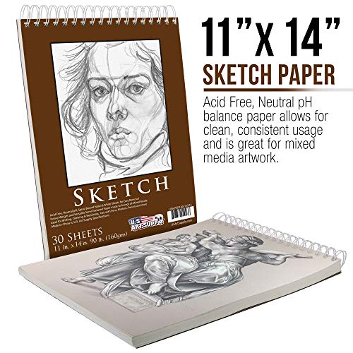 U.S. Art Supply 11 x 14 Premium Heavy-Weight Paper Spiral Bound Sketch Pad, 90 Pound (160gsm), Pad of 30-Sheets (Pack of 2 Pads)