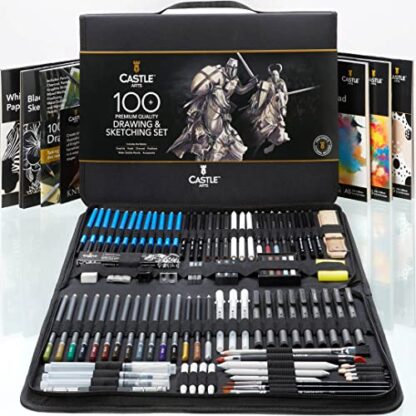 Castle Art Supplies 100 Piece Drawing & Sketching Set | Graphite, Charcoal, Pastel, Metallic & Water Soluble Pencils + Sticks, Fineliners | For Professionals, Adult Artists | In Tough Travel Case