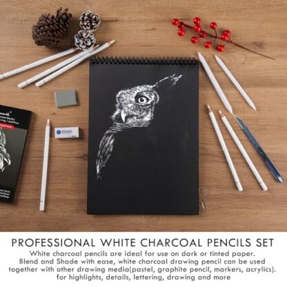 Brusarth White Charcoal Pencils Set - 12 Piece White Colored Pencils for Drawing, Sketching, Shading, Blending, White Chalk Pencils for Kid, Beginners & Pro Artists - Image 7