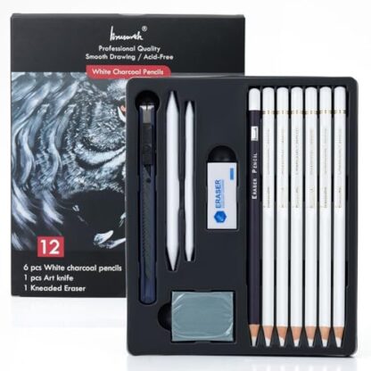 Brusarth White Charcoal Pencils Set - 12 Piece White Colored Pencils for Drawing, Sketching, Shading, Blending, White Chalk Pencils for Kid, Beginners & Pro Artists