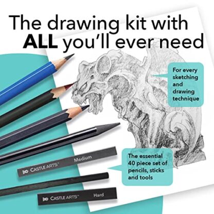 Castle Art Supplies 40 Piece Premium Drawing and Sketching Set With Tutorial | For Artists, Professionals or Beginners | Pencils, Charcoal, Graphite and More | In Neat Carry-Anywhere Zipper Case - Image 4