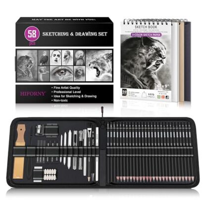 HIFORNY 58 PCS Drawing Kit Sketching Pencil Set,Sketch Pencils Art Supplies with 3-Color Sketchbook,Graphite,Charcoal,Blending Tools,Drawing Pencils for Adults Artists