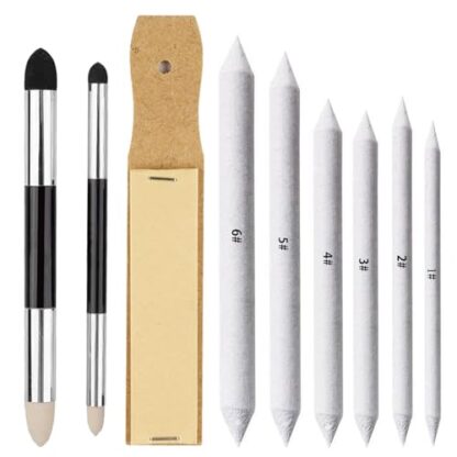 Haojiaho Blending Stump, 9pcs Blending Stumps, Blending Sponge Pens and Sandpaper Pencil Sharpener, Washable & Reusable, Tortillions Paper Art Blenders for Student Artist Charcoal Sketch Drawing