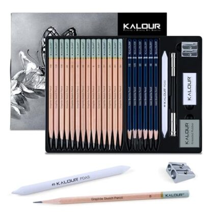 KALOUR 25-Piece Professional Sketch Pencil Set with Matte and Regular Pencils - Includes Vinyl Eraser, Kneaded Eraser, Sharpener, Pencil Extender and Blending Stump - Ideal for Artists and Beginners