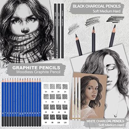 PANDAFLY 60 Pack Drawing Sketching Pencil Set, Pro Art Sketch Supplies with 3-Color Sketchbook, Graphite, Charcoal Pencil, Ideal for Shading, Blending, Drawing Set for Beginners Artists - Image 6