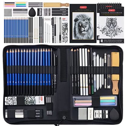 PANDAFLY 60 Pack Drawing Sketching Pencil Set, Pro Art Sketch Supplies with 3-Color Sketchbook, Graphite, Charcoal Pencil, Ideal for Shading, Blending, Drawing Set for Beginners Artists