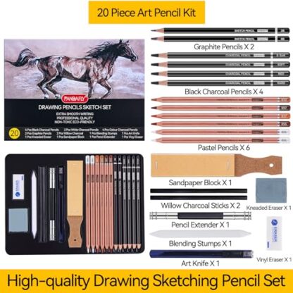 PANDAFLY Professional Colored Charcoal Pencils Drawing Set, 20 Pack Art Pencil Kit - Pastel Chalk Pencils, Black & White Charcoal Pencils, Graphite Pencils, Charcoal Sticks - Image 3